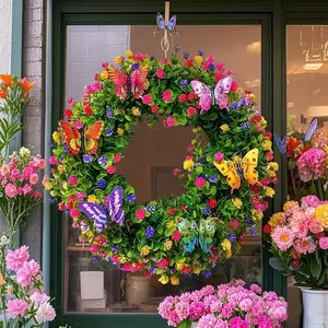 Artificial Flower Wreath, 1 Count Colorful Butterfly Decorative Wreath, Decorative Bow for Home Party & Festival, Home Decor, Fruit