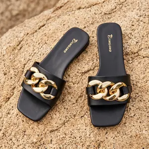 Dimgamo Women's Chain Slide Sandals, PU Leather Square Toe Fashion Flats, Comfortable Slippers for Summer Beach Casual Wear, Sandals Women, Women Sandals