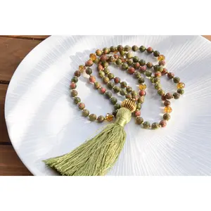 Unakite Tassel Necklace with Gold Filled Mini Beads and Honey Colored Crystals 36.5 Inch Length Green Energy Necklace
