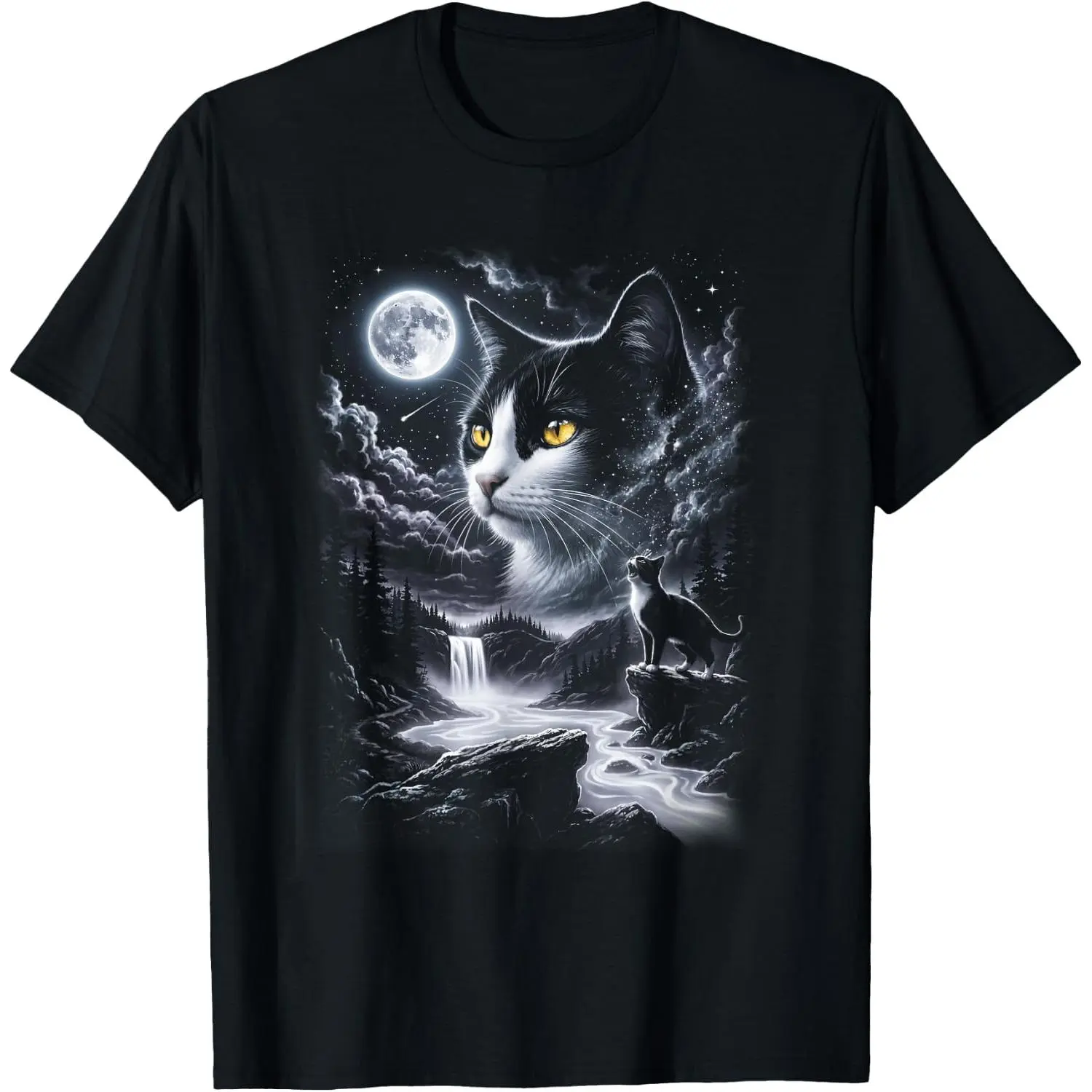 100%cotton Tuxedo Cat Howling to The Moon 90s Retro Animal Graphic T-Shirt