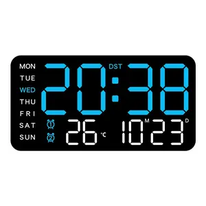 Large Digital Alarm Clock for Bedroom, LED Display Clock, Temperature Date & Weekday Display, Adjustable Brightness & Volume, Desk or Wall Mountable, Modern Home & Office Clock