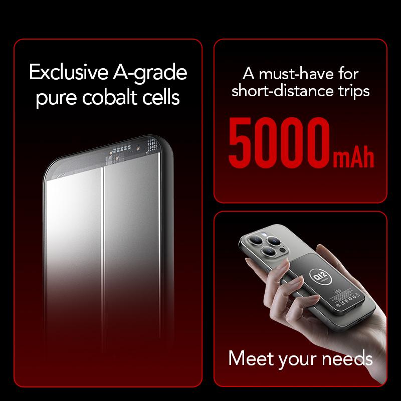 mfish E-Monster 5000mAh Ultra-thin Wireless Power Bank,Portable Fast QI2 Charging,MagSafe Compatible for iPhone 15/16/14/13 Compact Cable Chargeable