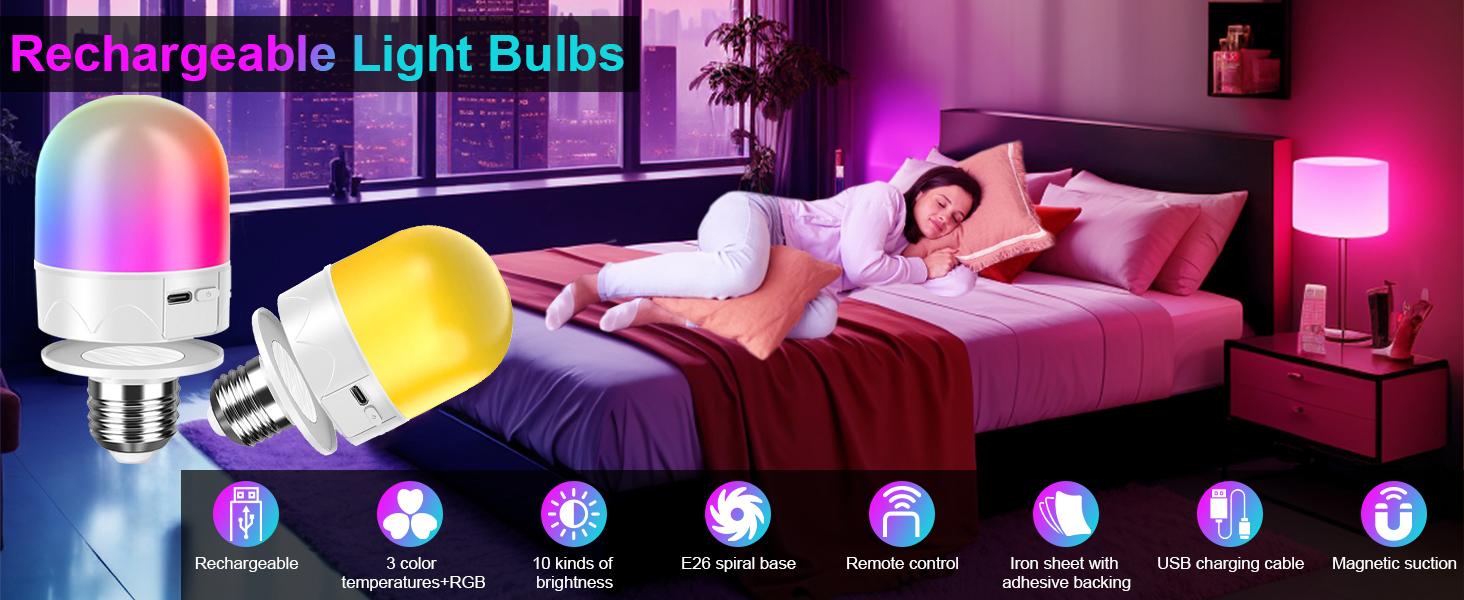 Rechargeable Emergency Light Bulbs with Remote, Magnetic Battery Powered E26 LED Bulb with Timer for Lamps/Sconces/Outdoor Camping, 3 Color Temperatures & 12 RGB Colors, Non-Hardwired