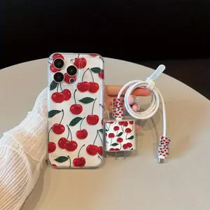 Cherry Pattern Phone Case with Charger Head Cover & Cable Protector & Storage Rope, Anti-drop Phone Case for iPhone, Casing, Accessories