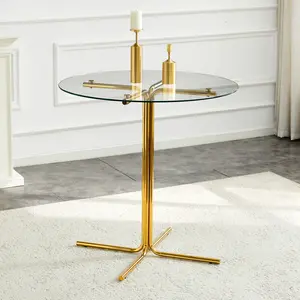 Round glass bar high table, 36 inch round bar table, tempered glass tabletop, sturdy gold chrome plated four column support, suitable for transparent round bar tables in small spaces, kitchens Patio Furniture desk table coffee table living room dining