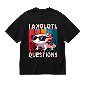 "I Axolotl Questions" Funny Pun T-Shirt, Cool Axolotl with Sunglasses Graphic Tee, Casual Cotton Top For Animal & Pun Lovers