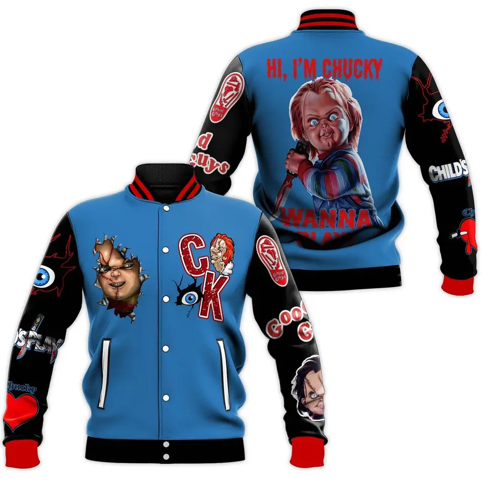 Chucky Doll Baseball Jacket, Unisex Varsity Baseball Jacket, Casual Sport Streetwear Coat
