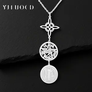 Triple Protection Necklace With Witch Knot Pentagram Tetragrammaton St. Benedict Stainless Steel Spiritual Symbol Amulet Jewerly