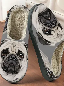 Realistic Pug Dog Print Cotton Slippers, Soft Cute Healing Style, Fuzzy Lined Anti-Slip Thick Sole, Home Warm Shoes for Men Women Fall Winter