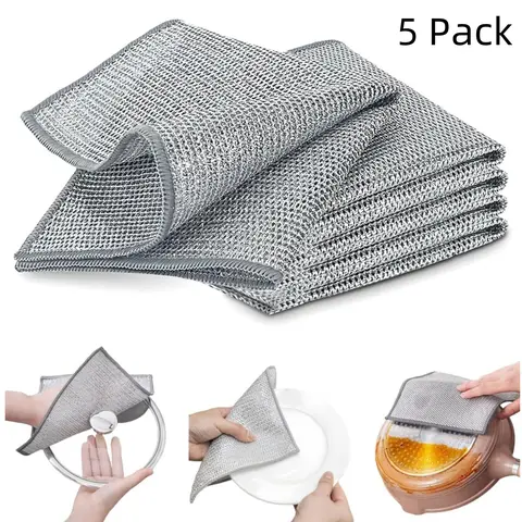 5Pcs Multipurpose Double Layer Non-Scratch Wire Dishcloth Wire Dishwashing Rags for Kitchen Cleaning Steel Traditional