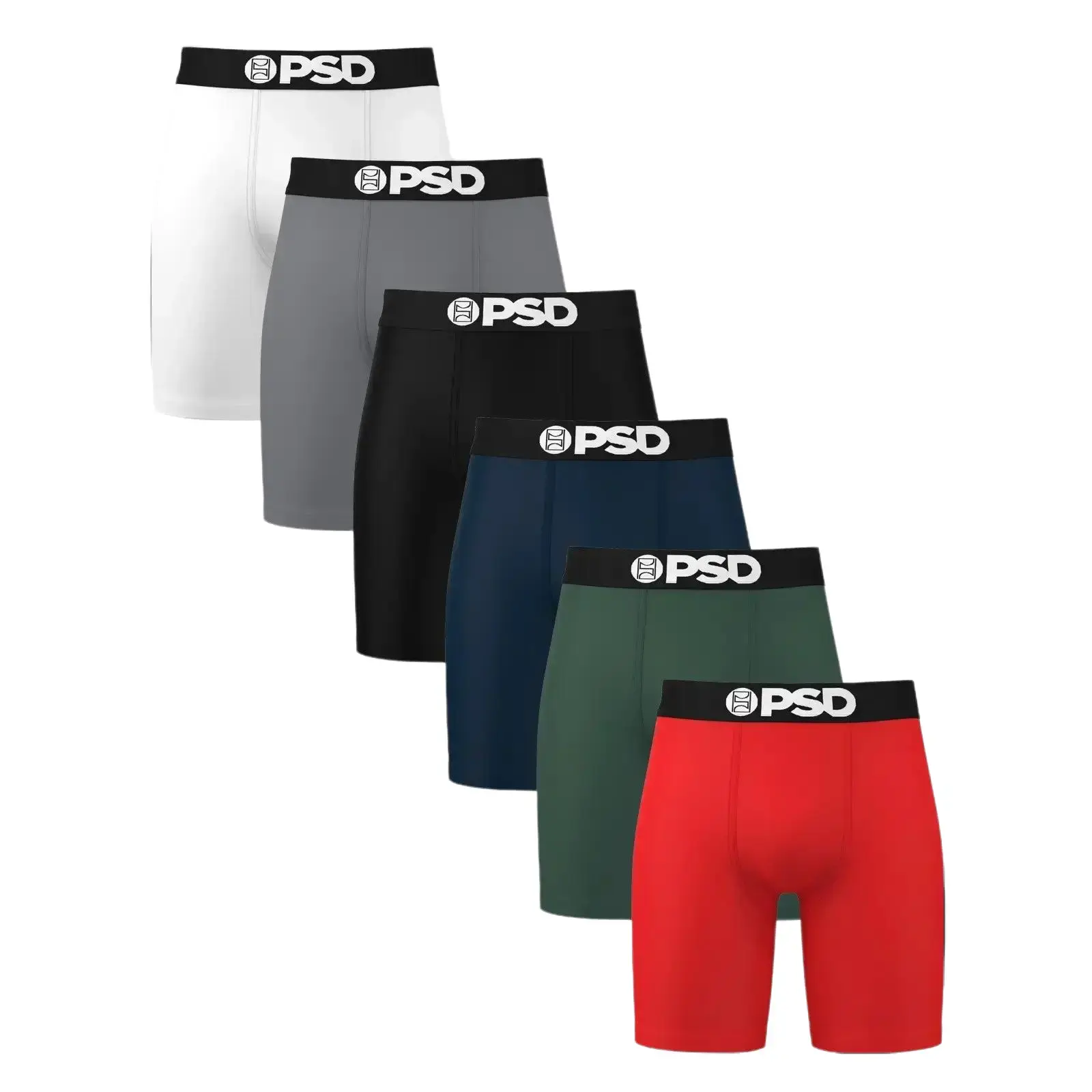 PSD Mens Primary Solids Boxer Brief 6 Pack - Standard Length 7 Inch Inseam, Soft and Breathable Cotton Fabric PSD Mens Primary Solids Boxer Brief 6 Pack - Standard Length 7 Inch Inseam, Soft and Breathable Cotton Fabric