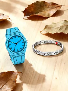 2-piece set men's anime-style watch with black lines, blue tape, soft round dial, minimalist cool versatile casual quartz watch