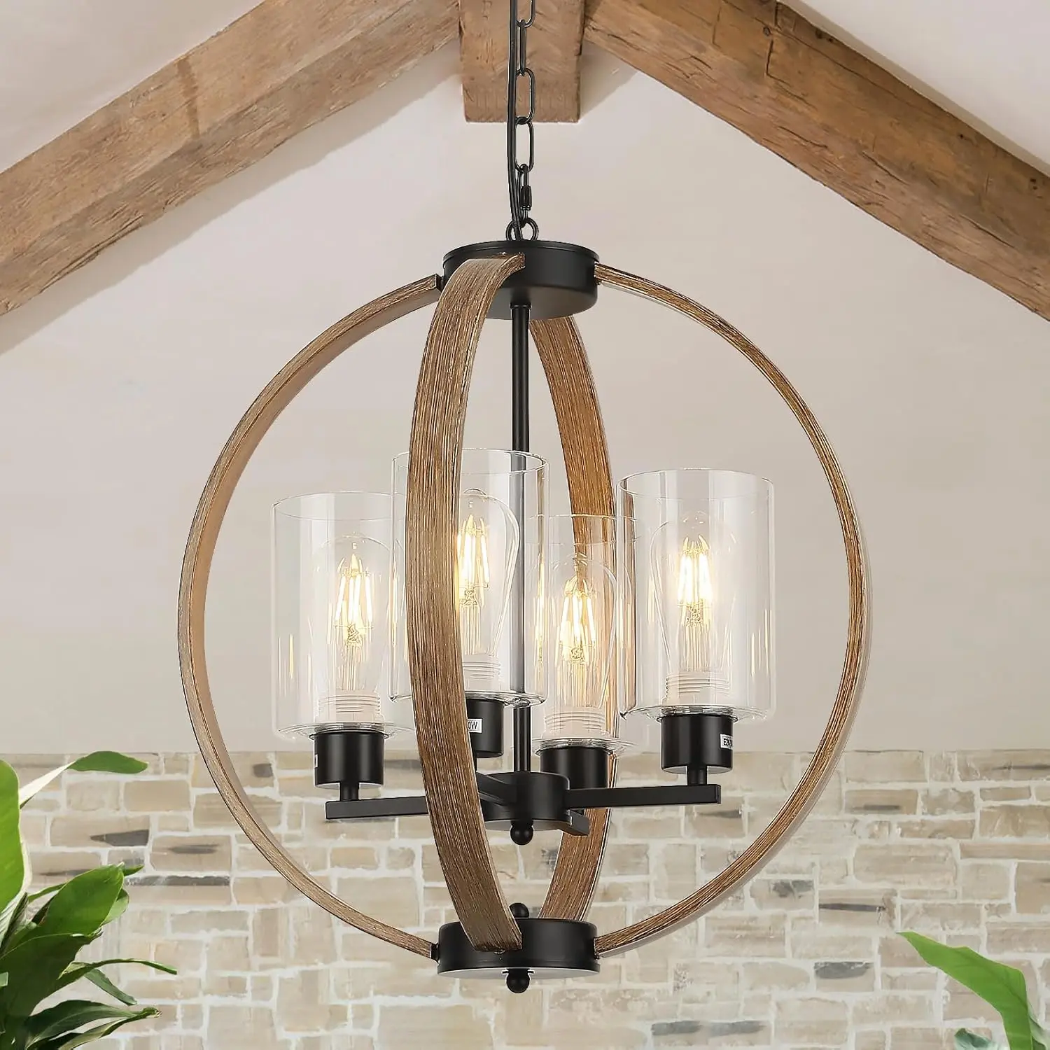 18in Rustic Design 4-Light Globe Chandelier Fixture - Ceiling Mount, Adjustable Hanging Line, Angle Chandeliers, Line Voltage Indoor Use Home Lighting, 60w AC Power for Kitchen Island, Dining Room
