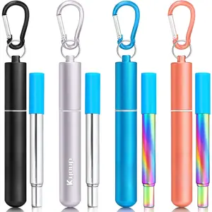 Straws, 4Pack Collapsible Portable Metal Straw  Foldable Stainless Steel Drinking Travel Telescopic Straw with Case, Clean Brush,  Gifts (Blue-Black- Rose -)