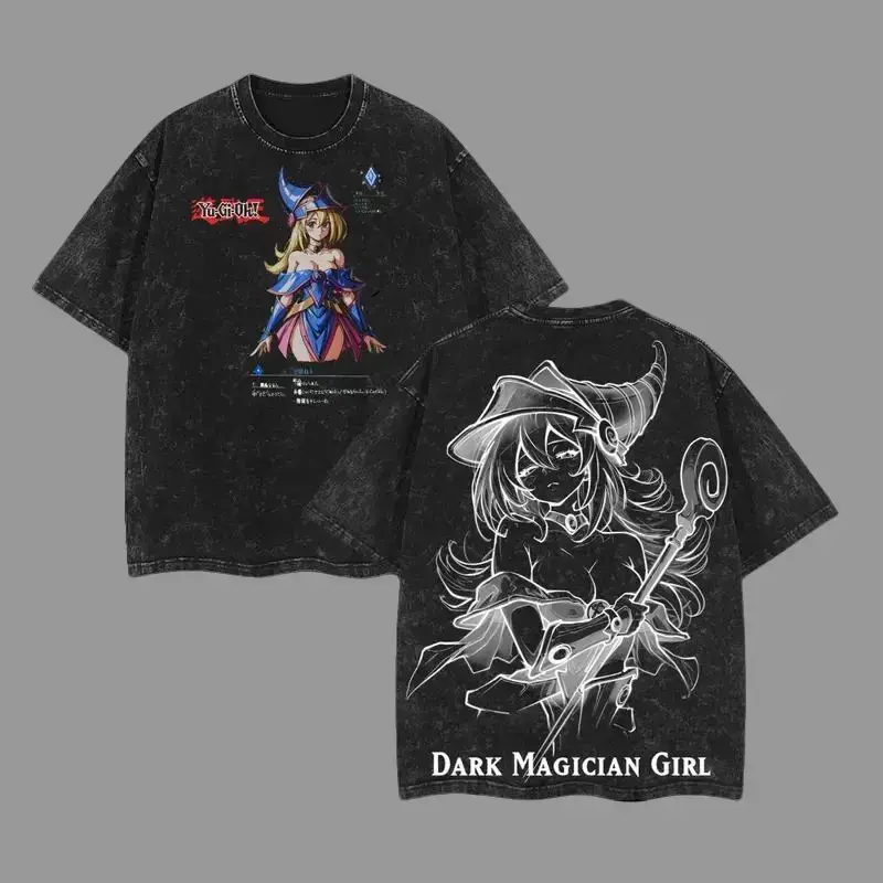 Dark Magician Girl Yu-Gi-Oh! Anime Double-sided Printed Vintage Washed T-shirt, Unisex Plus Size Heavyweight Cotton T-shirt for Anime Fans, Retro Heavyweight Crew Neck Double-sided Washed T-shirt