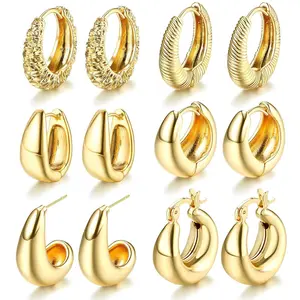 FLORIDECO 6 Pairs Hoop Earrings Hypoallergenic Chunky Lightweight Small Thick Twist Huggie Hoop Earring Set for Women