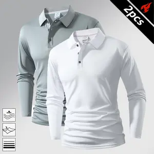 2 Pack Mens Long Sleeve Polos – Classic Solid Color Knit Pullover, Versatile Golf Sports & Casual Tops for Men