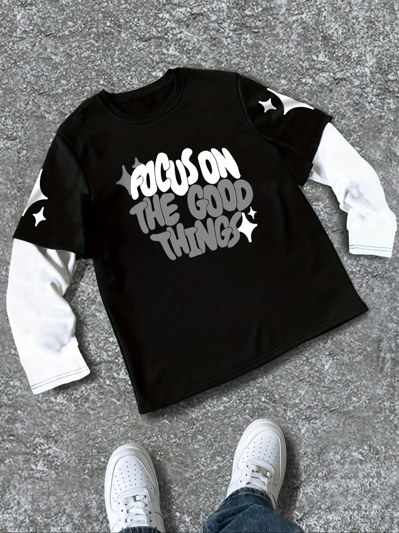 Tiktok Trendy Streetwear Patchwork Sleeve Tee, Base 86 Number Distressed Print, Fierce Savage Graphic, Oversized Unisex Fit