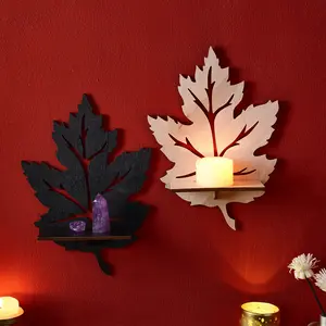 Wooden Leaf-Shaped Wall Decor Floating Shelves, Wooden Wall Shelf, Vintage Home Decor, DIY Assembly Wall Rack for Home Dining Room Living Room Bedroom, Crystal Stones Candle Display
