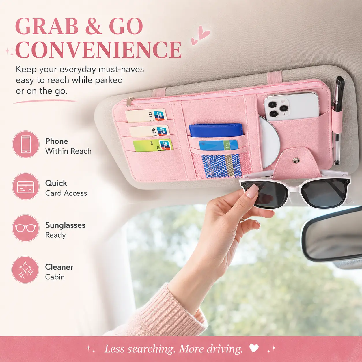 Pink Car Visor Storage Bag with Zipper Pocket, Cute Leather Phone & Glasses Mount Clip for Sunvisor, Aesthetic Daily Commute Vehicle Decor, Gift for Her