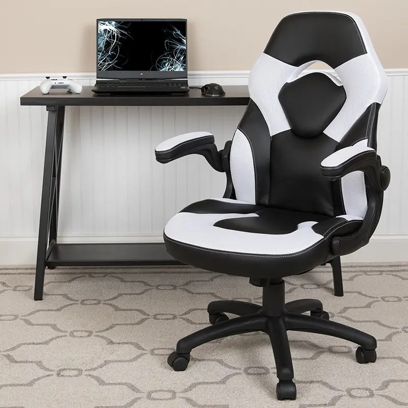 Flash Furniture CH-00095-WH-GG X10 Contemporary High Back Leathersoft Gaming Racing Office Chair - Ergonomic, Adjustable Swivel, Nylon-Plastic Flip-Up Armrests, Tilt Lock Mechanism, Mesh Inserts, 34 lbs Capacity, White & Black, Modern