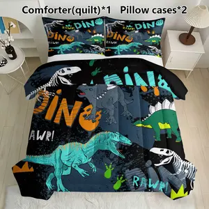 Dinosaur 'dino Rawr' Bedding Set, Includes 1 Comforter & 2 Pillowcases, Perfect Kids Dinosaur Decor, Cozy Bedroom Essentials