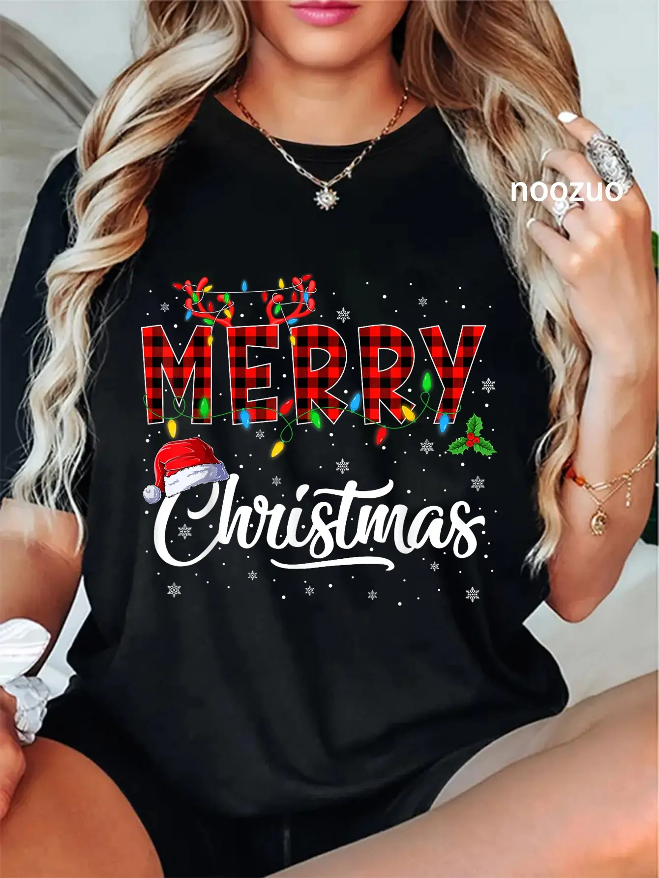 100% Cotton Merry Christmas Lights Santa Hat Xmas Family Men Women T-Shirt