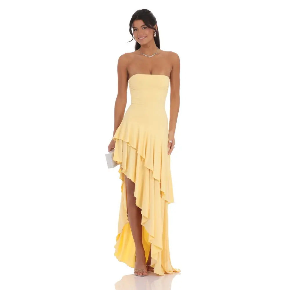 Strapless Ruffle Asymmetrical Maxi Dress in Yellow