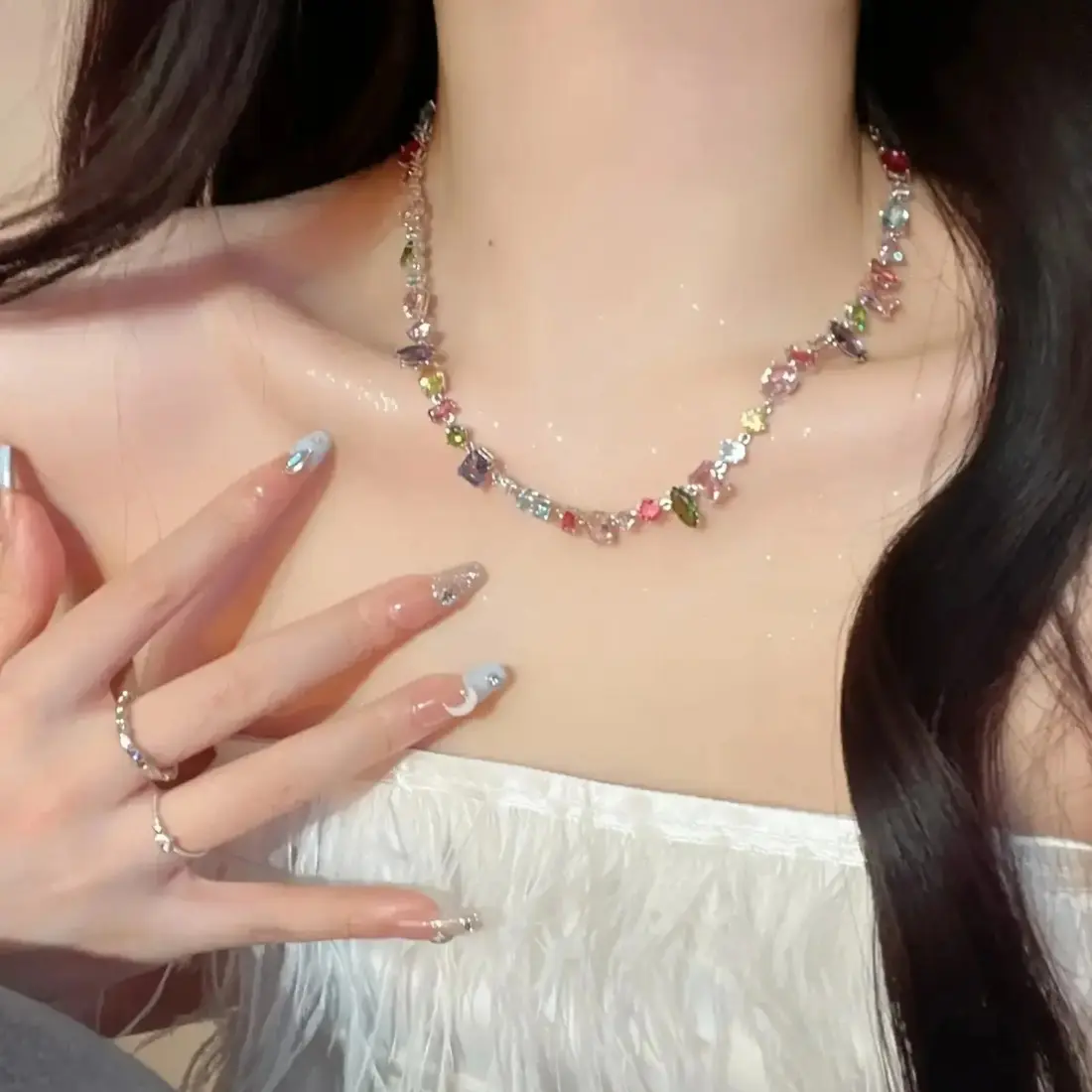 Women's Y2K Rainbow Zirconia Necklace Alloy Chain Multicolor Synthetic Gemstones Adjustable Trendy for Summer Party Daily Wear Gift
