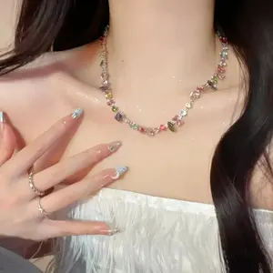 Y2K Rainbow Zirconia Necklace for Women, Alloy Chain with Multicolor Synthetic Gemstones, Trendy Clavicle Jewelry, Adjustable Statement Necklace, Summer Party, Daily Wear & Gift for Friends