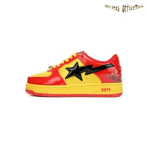 Red Yellow Glossy Patent Leather Low Top Star Graphic Skate Sneakers Two Tone Cartoon Print Streetwear Trainers for Urban Daily Outfits