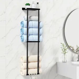 Towel Racks for Bathroom HONEIER 3 Tier Towel Holder with Shelf & 6 HooksWall Mounted Vertical Rolled Towel Storage Organizer Holder Towel Shelf Organizer for Toilet, Black