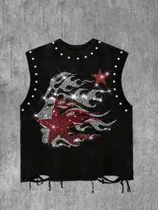 Men's Sporty Sleeveless Workout Tank Top, Loose-Fitting Rhinestone Flame Star Vest, Rivet Decor, Streetwear Fashion, Daily Wear Essential, Sleeveless Activewear, Athletic Tank, Menswear