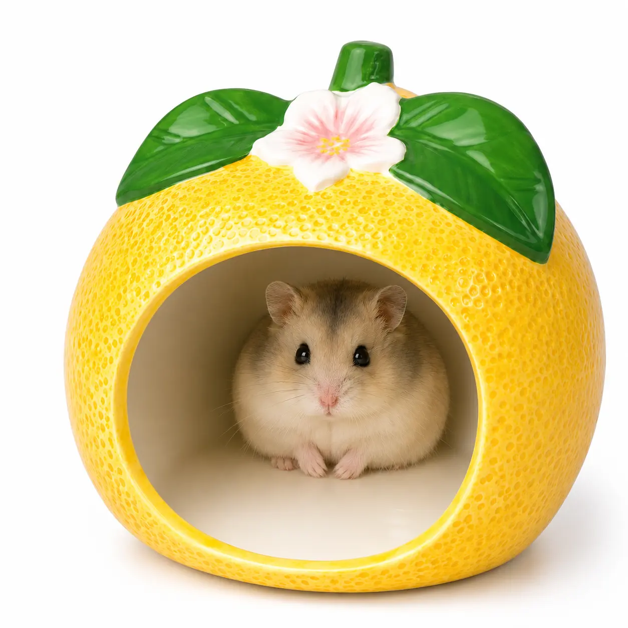 Ceramic Hamster Hideout Cooling House, Lemon Small Pet Sleeping Hut for Dwarf & Syrian Hamsters, Easy-Clean Glazed Hideaway Cage Decor