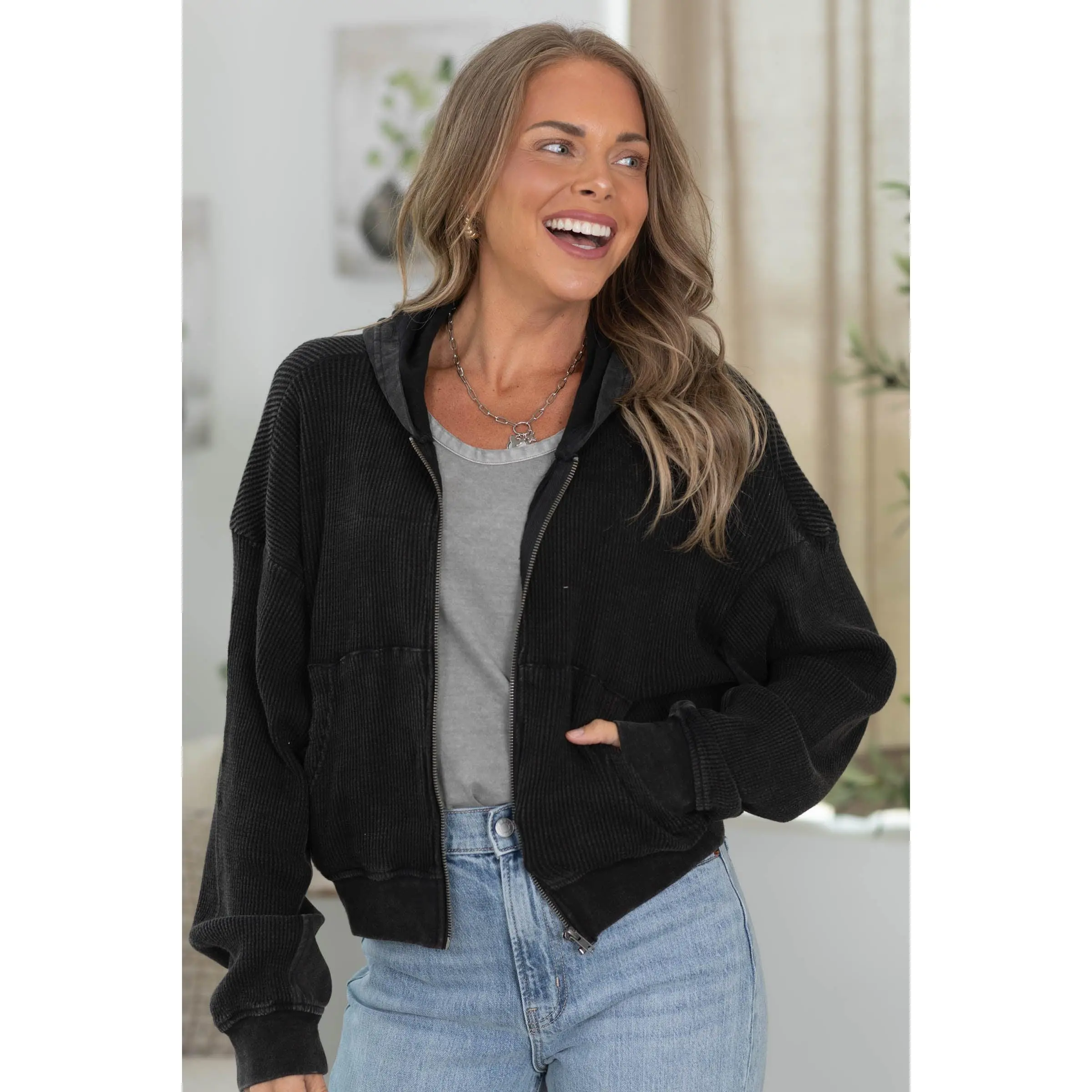 Black Mineral Washed Waffle Hoodie Zip Jacket