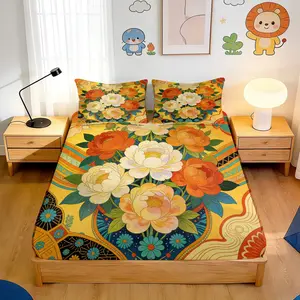 3pcs Fitted sheet Boho Chic, Chinese Peony Theme, Bedding Set, Yellow Orange White, Floral Print with Geometric Patterns, for Bedroom Decor(1 Fitted sheet+2 pillowcases, Without Core)