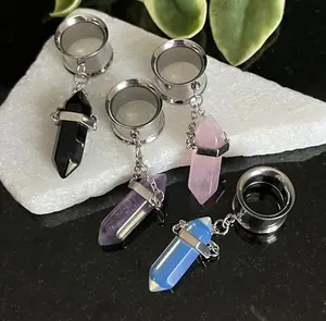 PAIR of Crystal Stone Dangle Steel Double Flare Tunnels Plugs!