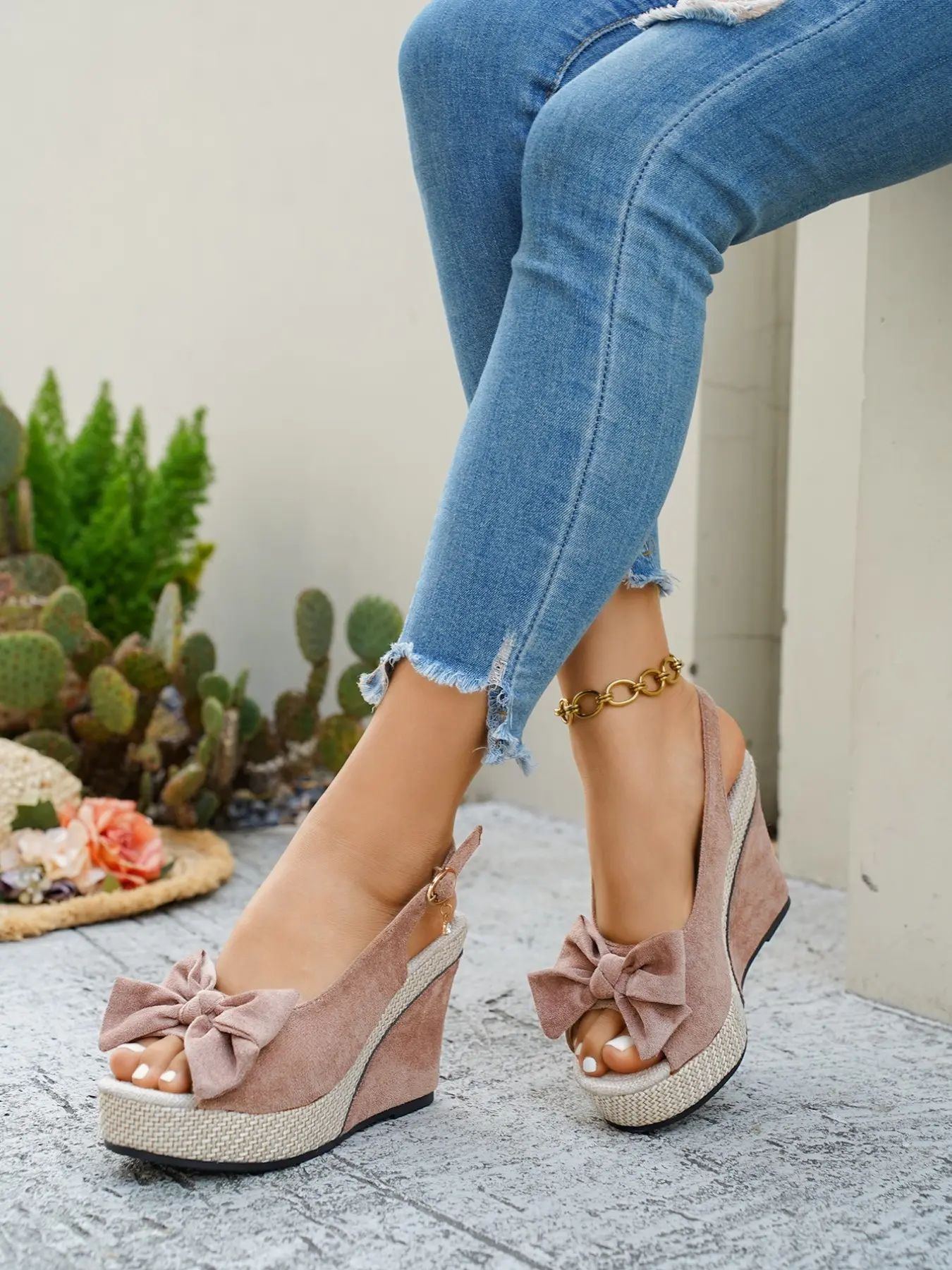 2026 Summer New Bow Sandals for Women, Fashion Fabric Thick Sole Open Toe High Heel Waterproof Fish Mouth Buckle Slippers