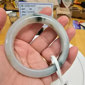 Natural Type A Jadeite Bangle - Burma Jade - White Icy with Sajin and Green Flower Floating