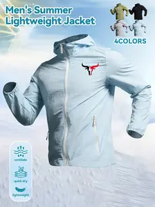 Red Black Bull Print Men's Summer Lightweight Skin Jacket | Breathable Sun Protection Quick Dry Water Resistant Hooded Windbreaker | 4 Colors Available for Hiking, Running, Travel, Fishing, Cycling