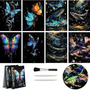 Glow in The Dark Scratch Art Painting Paper Durable Drawing Pad with Pen & Cleaning Brush, 1 Set Creative Craft Tools Set, Fun Sketch Card Creative Craft Toy for Teens & Adults