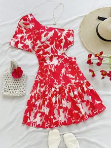 Women's Asymmetrical Neckline Bubble Sleeve Mini Dress, Hollow Waist Floral Print Summer Dress, One Shoulder Vacation Dress