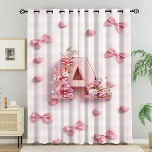 Sweet Kawaii Pink Flowers & Initial A-M Pattern Bow Blackout Curtain, (2 Panels), Teen Girl Gifts for Bedroom Living Room, Modern Cute Blackout Curtains, Window Treatments, for Dreamy Girly Home Decor, Home Decoration Curtain