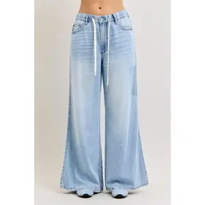 Judy Blue High Waist Featherweight Drawstring Palazzo Denim Jeans 881091, Fabric, Elastic
