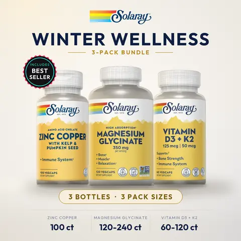 Winter Wellness Bundle — Solaray Magnesium Glycinate 350mg + Vitamin D3 K2 125mcg + Zinc Copper 3-Pack for Immune Support, Bone Strength & Sleep — Chelated Minerals for Men & Women, Lab Verified