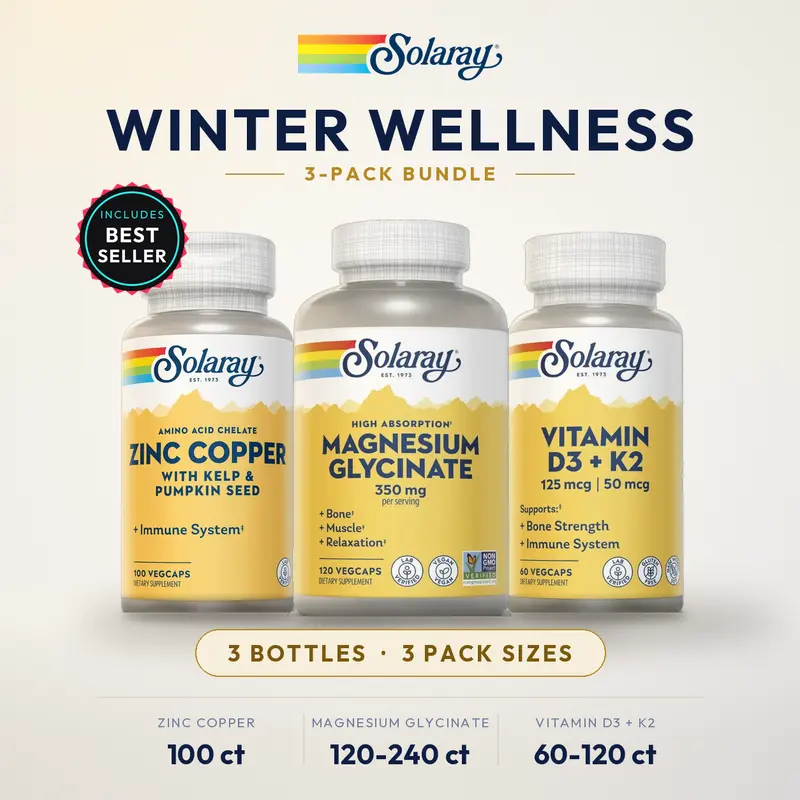 Winter Wellness Bundle — Solaray Magnesium Glycinate 350mg + Vitamin D3 K2 125mcg + Zinc Copper 3-Pack for Immune Support, Bone Strength & Sleep — Chelated Minerals for Men & Women, Lab Verified