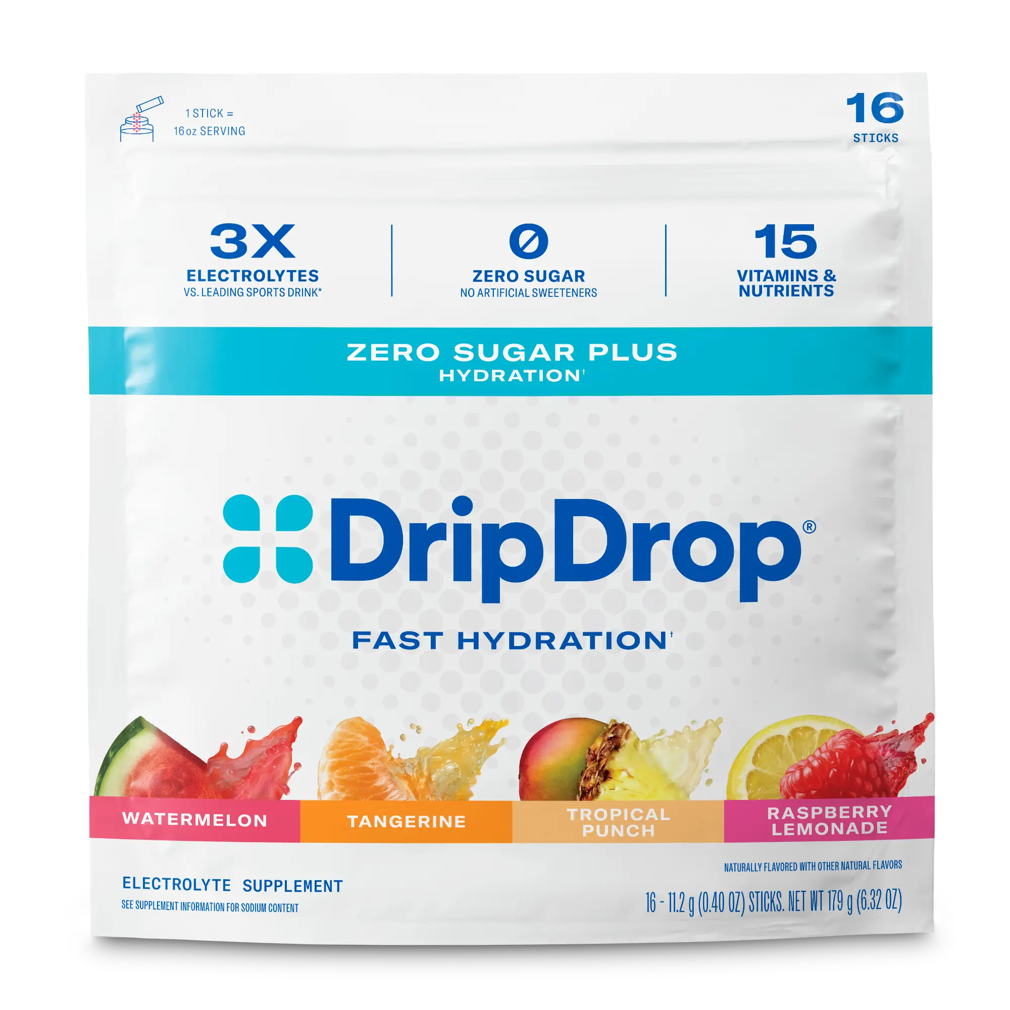 DripDrop Zero Sugar Plus Electrolyte Powder, Paradise Variety Pack, 16 oz sticks, 16 Pack