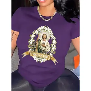 100% Cotton, Women's Casual T-Shirt, Comfortable and Versatile, Multiple Colors Available, St. Jude Thaddeus Pattern Printed T-Shirt, Short Sleeve Casual Crew Neck Top, Spring Summer Women's Clothing