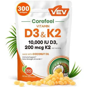 Vitamin D3 K2 10000 IU, 300 Virgin Coconut Oil Softgels, 2 in 1 Vitamins Supplement D & K, Dietary Supplemental Pack