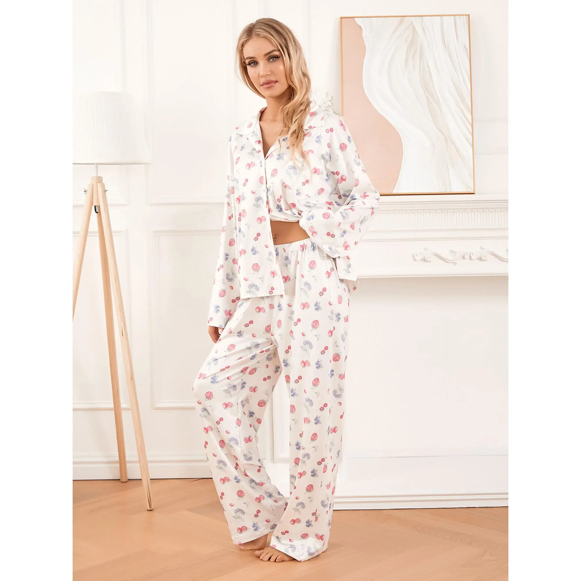 Women's 2-Piece Elastane-Blend Polyester Pajamas & Loungewear Set - Long Sleeve Turn-Down Collar Strawberry Print Top, Matching Pants, Shirts, All Seasons Sleepwear Outfits, Women's Clothes, Pyjama Bottoms, Loose-Fitting